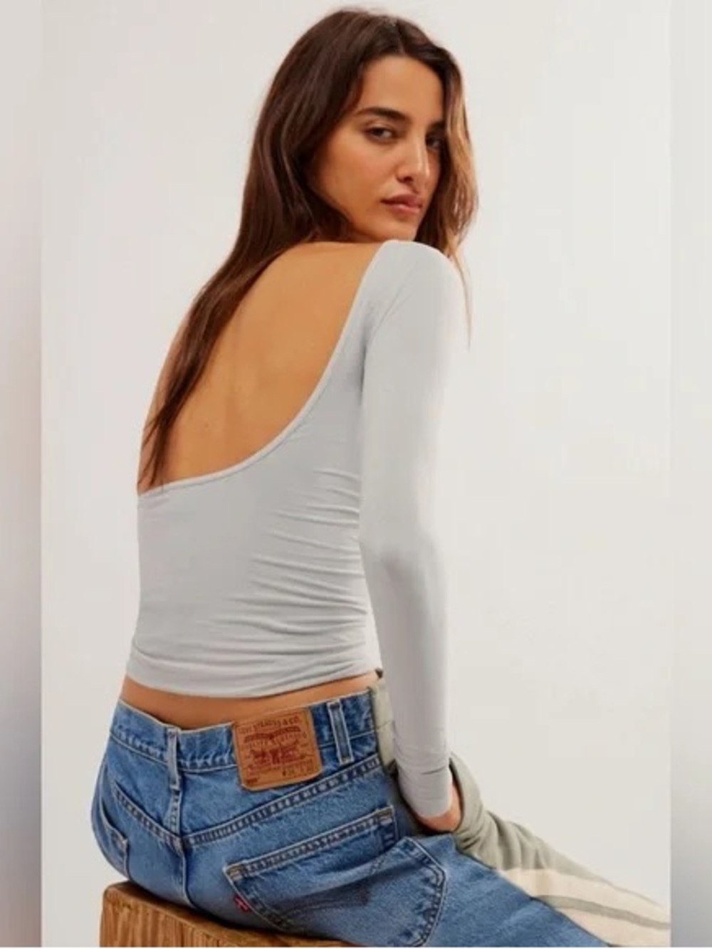 FREE PEOPLE Low Back Long Sleeve Tee XS Small Gray Seamless Ballet Balletcore